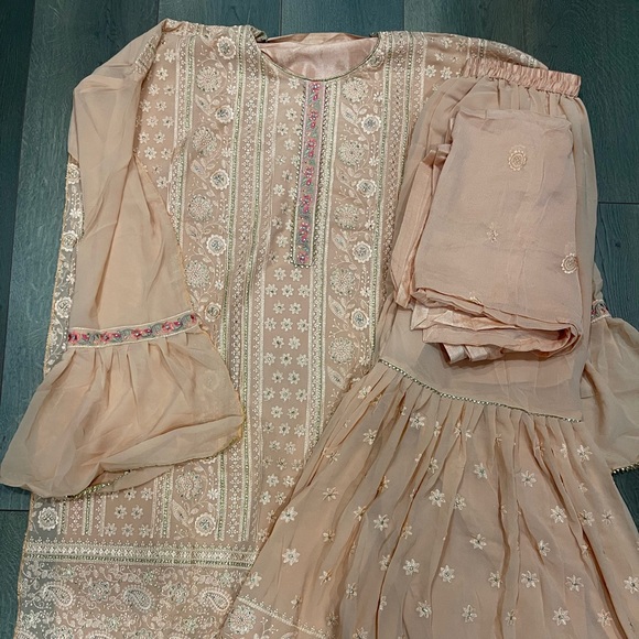 Peach Sharara Suit - New with Semi-Stitched Top - Picture 3 of 5